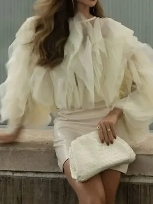 Women O-neck see through ruffle Long Sleeve Blouse Irregular Design Multi Ruffles Patchwok Loose Solid Shirt Tops