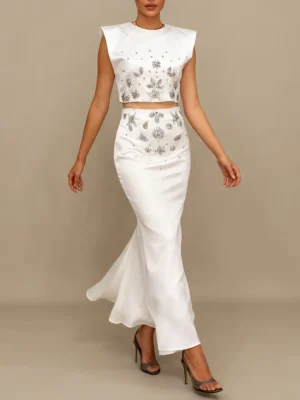 Formal Occasion Two Piece Set for Women O Neck Sleeveless Top High Waist Fishtail Skirt Spliced Diamonds Chic Suit Female