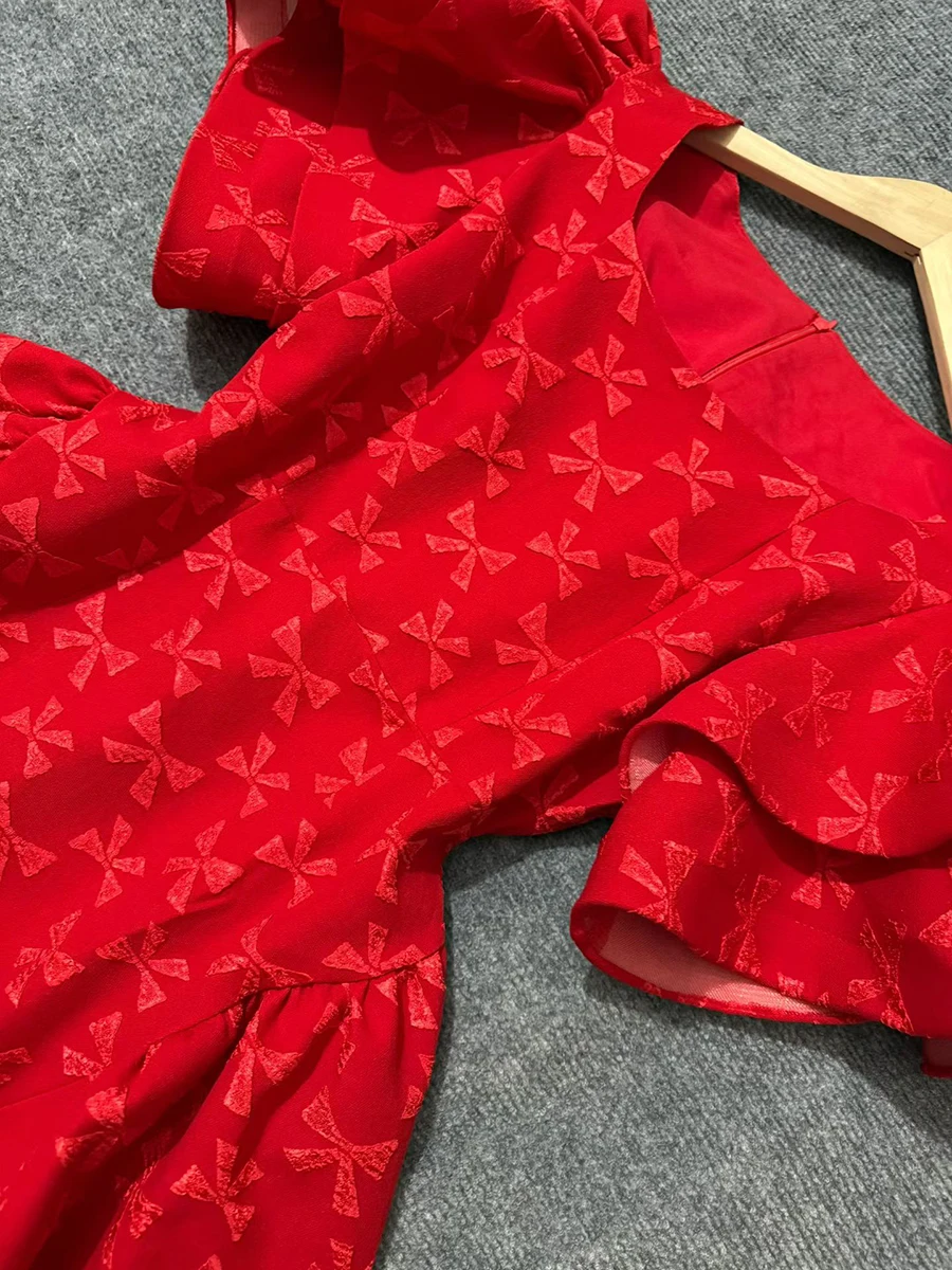 Sweet Tunic Princess Dress for Women Square Collar Puff Sleeve High Waist Bownot Print A Line Mid Dresses Female - Image 6