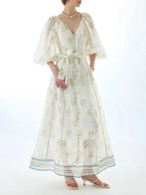 Vintage Sheer Mesh Long Dresses for Women V Neck Three Quater Sleeves High Waist Loose Spliced Lace Up Print Dress Female