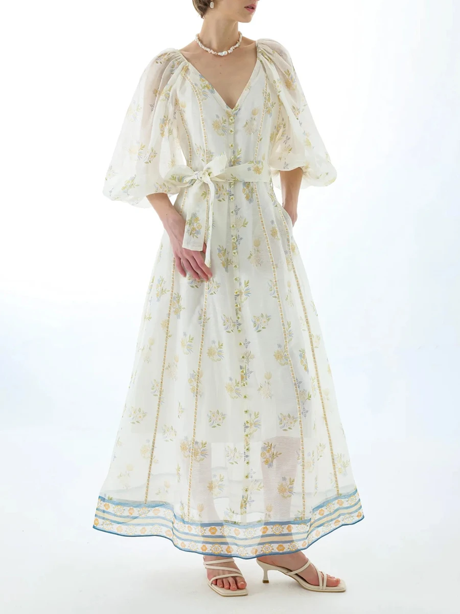 Vintage Sheer Mesh Long Dresses for Women V Neck Three Quater Sleeves High Waist Loose Spliced Lace Up Print Dress Female