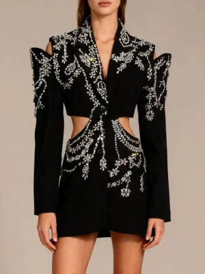 High End Banquet Spliced Diamond Blazer Jacket for Women Lapel Long Sleeve Tunic Hollow Out Designer Mid Length Coat Female