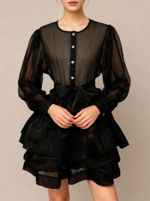 Elegant Folds Mini Dresses for Women O Neck Long Sleeve High Waist Spliced Small Polka Dot Mesh Dress Female Spring Style