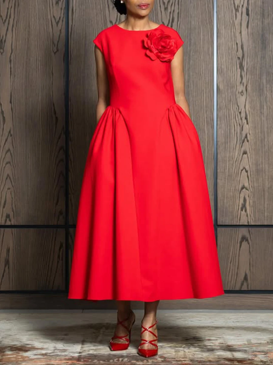 VGH Red Color Elegant Spliced Appliques Dress for Women O Neck Short Sleeve High Waist Slimming Evening Prom Dresses Female New - Image 11