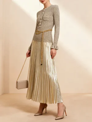 Knitted Fake Two Piece Dress for Women O Neck Simming Ruffles Sleeve Spliced Metal Chain Pleated Shiny Long Dresses Female