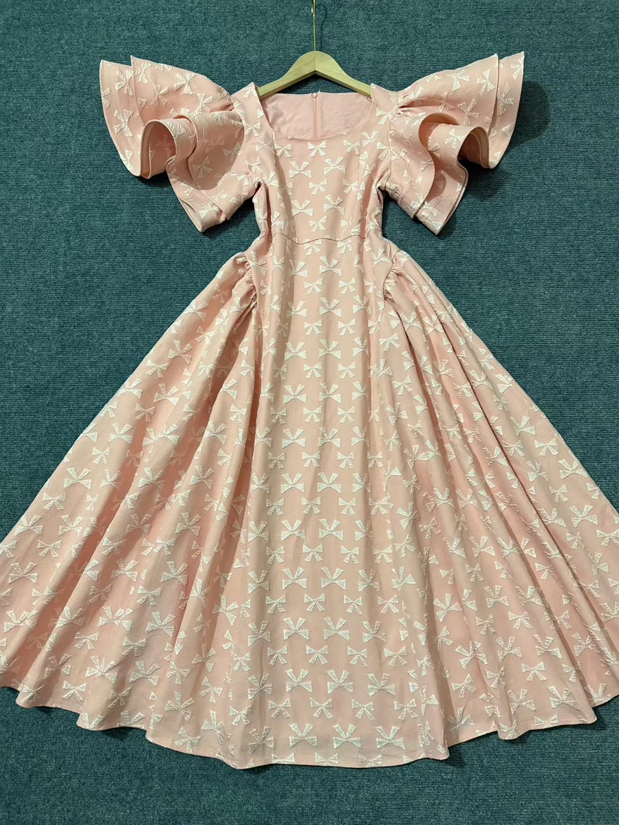 Sweet Tunic Princess Dress for Women Square Collar Puff Sleeve High Waist Bownot Print A Line Mid Dresses Female - Image 4