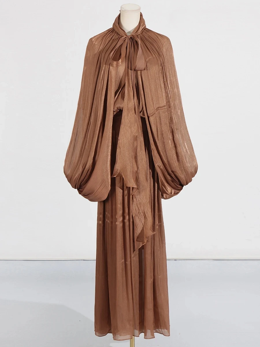 Maxi Dresses for Women Scarf Collar Lantern Sleeve Loose Waist Casual Temperament Dress Female New - Image 8