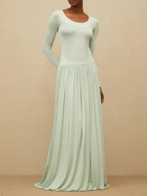 Backless Spliced Lace Up Long Dress for Women O Neck Long Sleeve High Waist Temperament Pleated Evening Dresses Female New