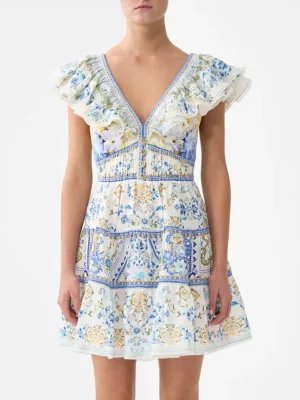 Vintage Floral Printing Short Dresses for Women V Neck Flying Sleeves High Waist Premium Luxury Design Dress Female Fashion