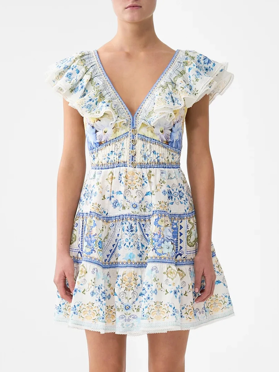 Vintage Floral Printing Short Dresses for Women V Neck Flying Sleeves High Waist Premium Luxury Design Dress Female Fashion