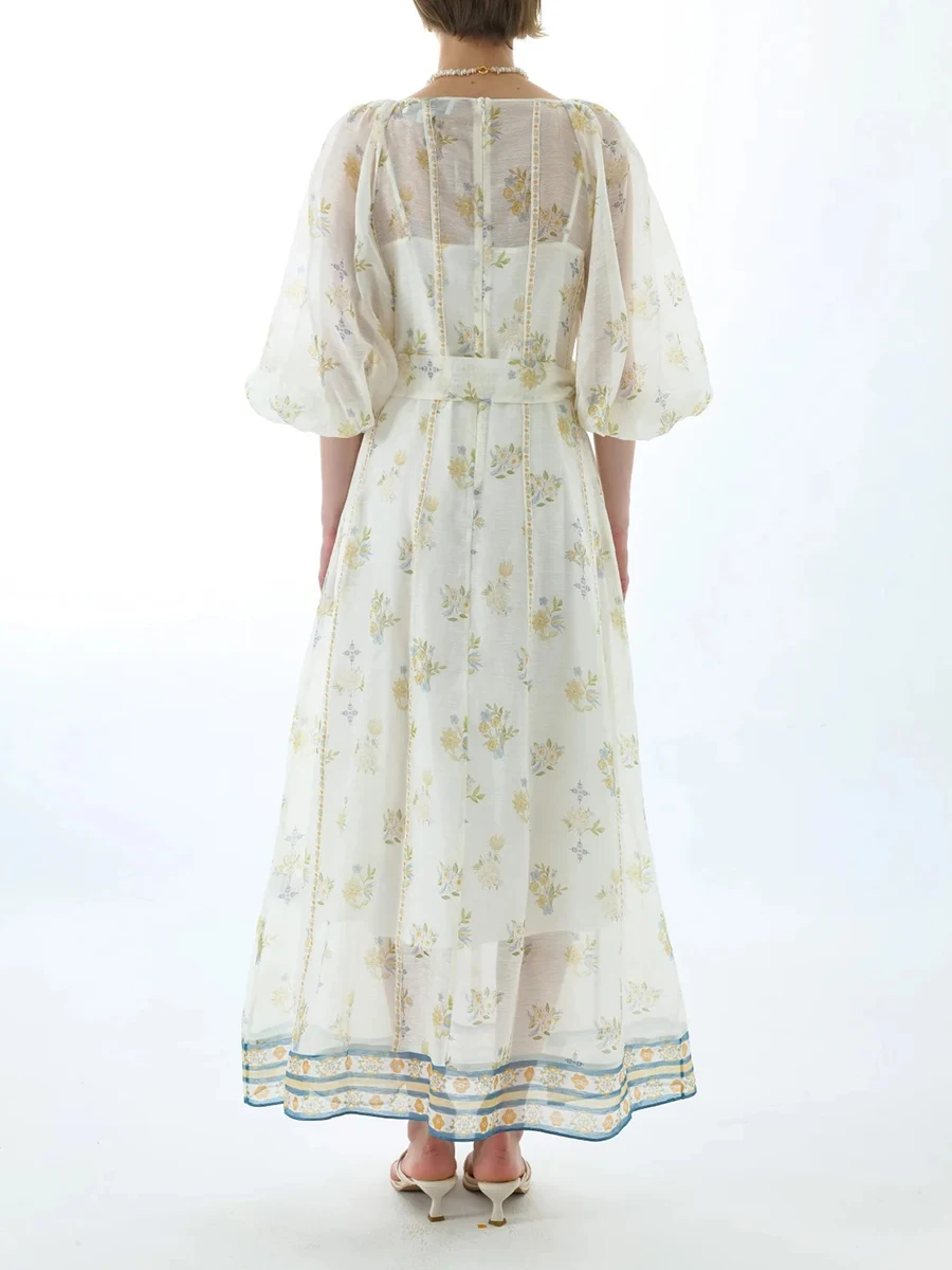 Vintage Sheer Mesh Long Dresses for Women V Neck Three Quater Sleeves High Waist Loose Spliced Lace Up Print Dress Female - Image 4