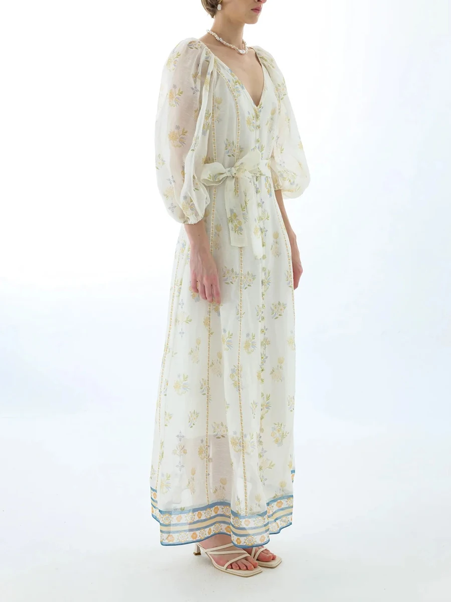 Vintage Sheer Mesh Long Dresses for Women V Neck Three Quater Sleeves High Waist Loose Spliced Lace Up Print Dress Female - Image 11