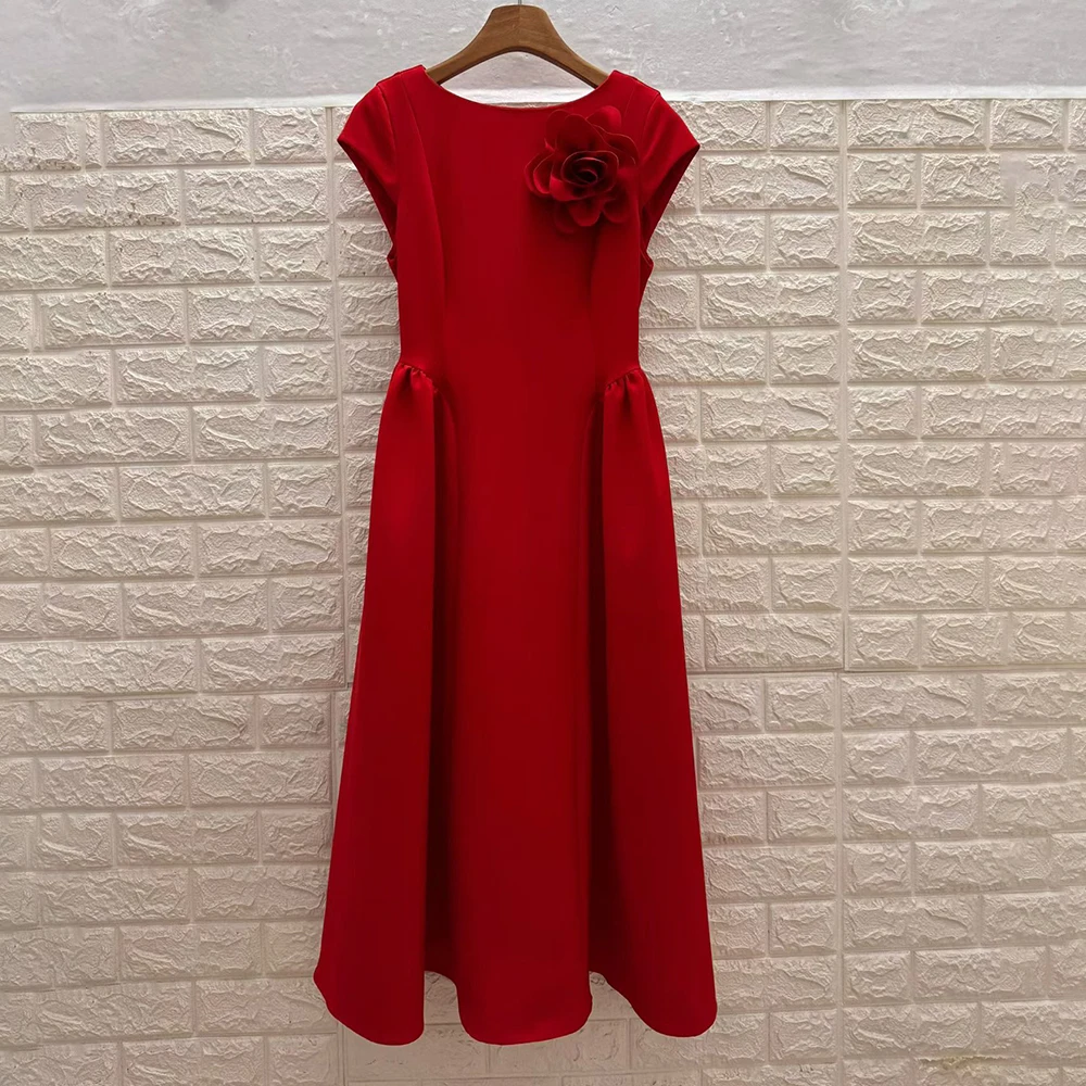 VGH Red Color Elegant Spliced Appliques Dress for Women O Neck Short Sleeve High Waist Slimming Evening Prom Dresses Female New - Image 9