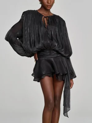 Solid Loose Spliced Lace Up Elegant Dresses for Women Round Neck Long Sleeves Patchwork Folds Dress Female Style