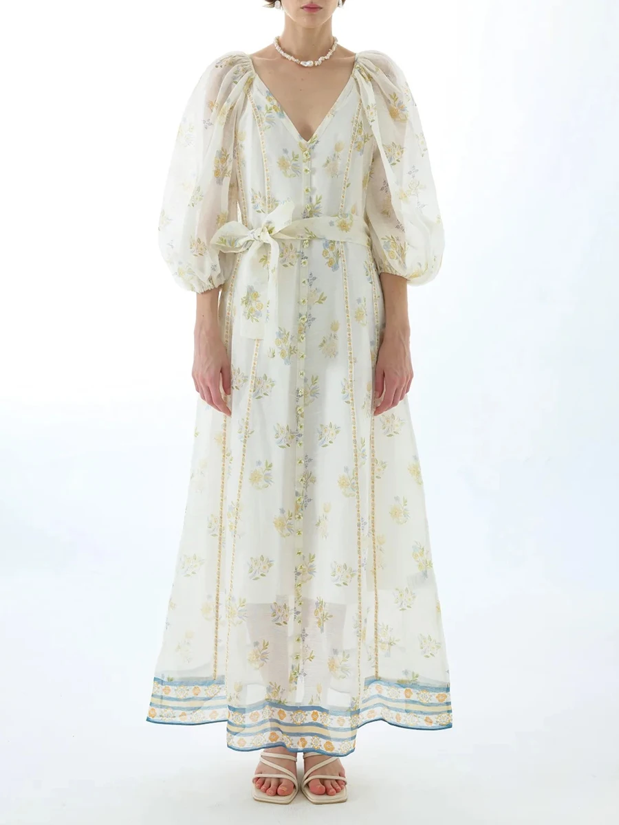 Vintage Sheer Mesh Long Dresses for Women V Neck Three Quater Sleeves High Waist Loose Spliced Lace Up Print Dress Female - Image 9