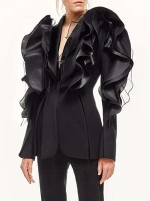 Fashionable Spliced Mesh Ruffles Jacket for Women Deep Neck Shoulder Pud Long Sleeve Slim Irregular Style Coat Female New