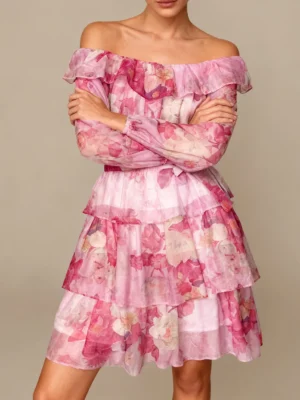 Birthday Party Lazy Loose Printed Dress for Women O Neck Three Quarter Sleeves Knee Length Dresses with Ruffle Design Female