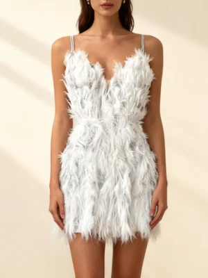 Sexy Party Patchwork Feather Dress for Women V Neck Sleeveless Spliced Zipper Short Temperament Luxury Dresses Female Style