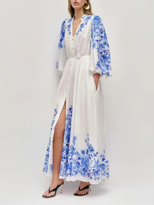 Elegant Cold Toned Printed Dress for Women V Neck Puff Sleeves High Waist Split Temperament Long Dresses Female