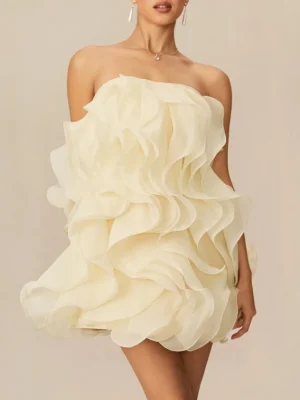 Sexy Evening Spliced Ruffles Ball Gown for Women Strapless Sleeveless High Waist Patchwork Zipper Short Dress