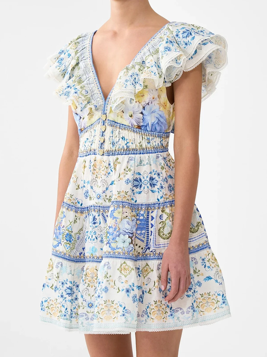 Vintage Floral Printing Short Dresses for Women V Neck Flying Sleeves High Waist Premium Luxury Design Dress Female Fashion - Image 8