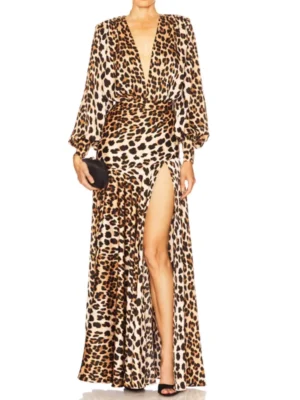 Sexy Leopard Evening Long Dresses for Women Deep Neck Long Sleeve High Waist Folds Split Temperament Dress Female Clothing