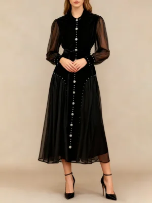 Elegant Patchwork Beading Formal Party Dresses for Women O Neck Long Sleeve Spliced Sheer Mesh Midi Dress Female Clothing