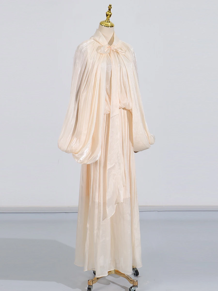 Maxi Dresses for Women Scarf Collar Lantern Sleeve Loose Waist Casual Temperament Dress Female New - Image 17