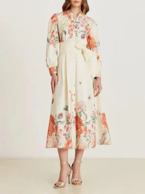 Sexy Charming Printing Midi Dresses for Women V Neck Lantern Sleeves Spliced Big Bow Decoration A Line Dress Female Fashion