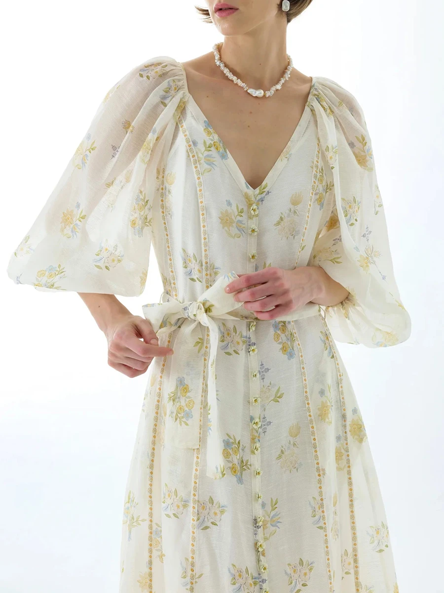 Vintage Sheer Mesh Long Dresses for Women V Neck Three Quater Sleeves High Waist Loose Spliced Lace Up Print Dress Female - Image 5