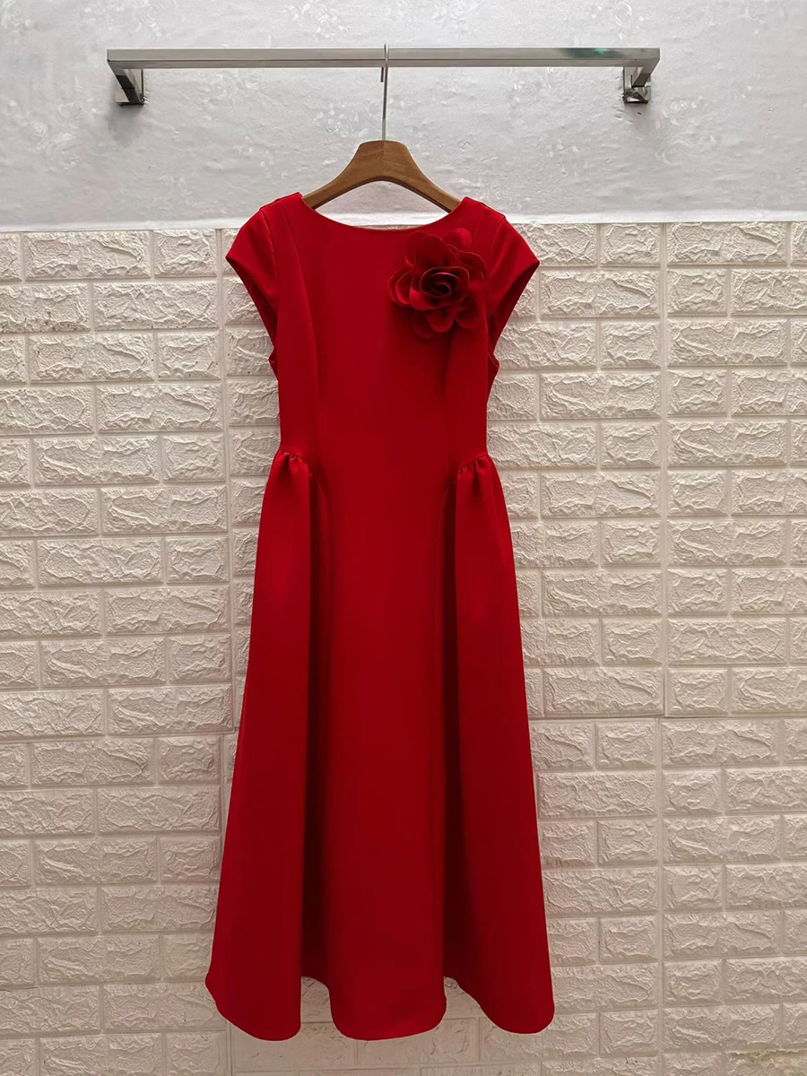 VGH Red Color Elegant Spliced Appliques Dress for Women O Neck Short Sleeve High Waist Slimming Evening Prom Dresses Female New - Image 5