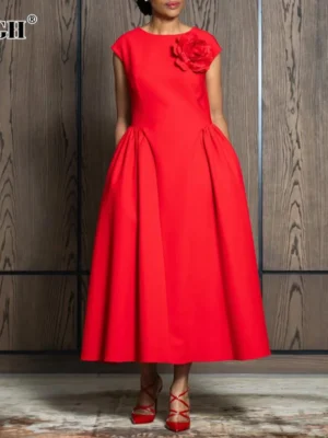 VGH Red Color Elegant Spliced Appliques Dress for Women O Neck Short Sleeve High Waist Slimming Evening Prom Dresses Female New