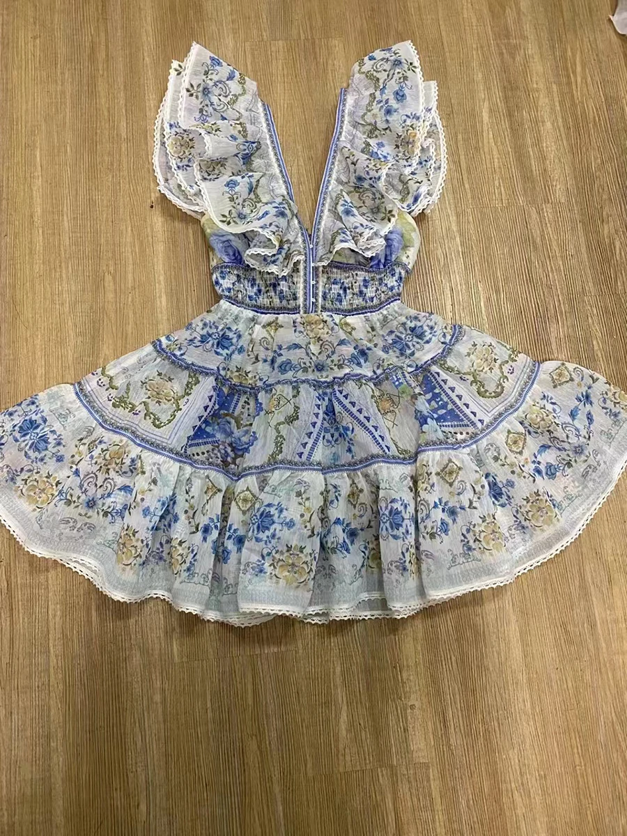 Vintage Floral Printing Short Dresses for Women V Neck Flying Sleeves High Waist Premium Luxury Design Dress Female Fashion - Image 5