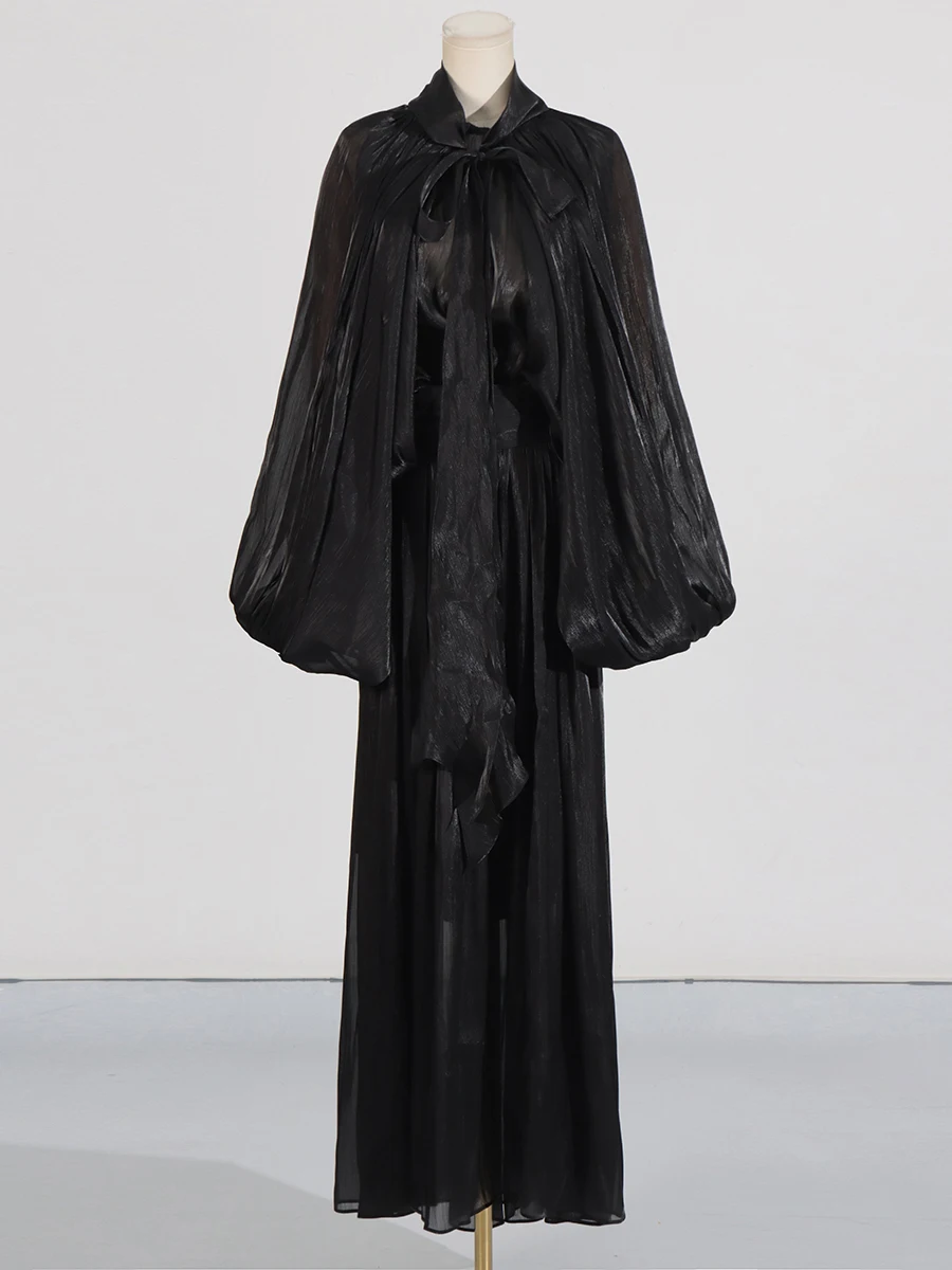 Maxi Dresses for Women Scarf Collar Lantern Sleeve Loose Waist Casual Temperament Dress Female New - Image 15