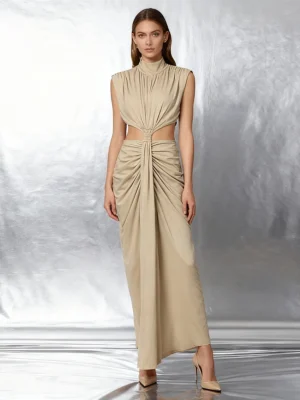 Slimming Spliced Shirring Fashion Dresses for Women Stand Neck Sleeveless Hollow Out Temperament Dress Female New