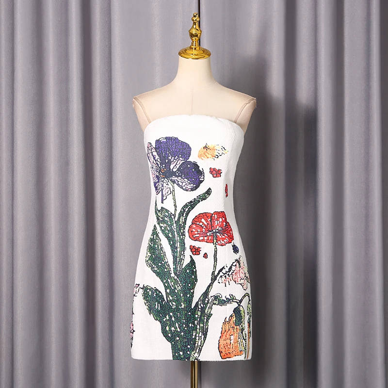 Sequin Print Sweet Party Style Mini Dress for Women Strapless Sleeveless High Waist Backelss Dress Female - Image 7