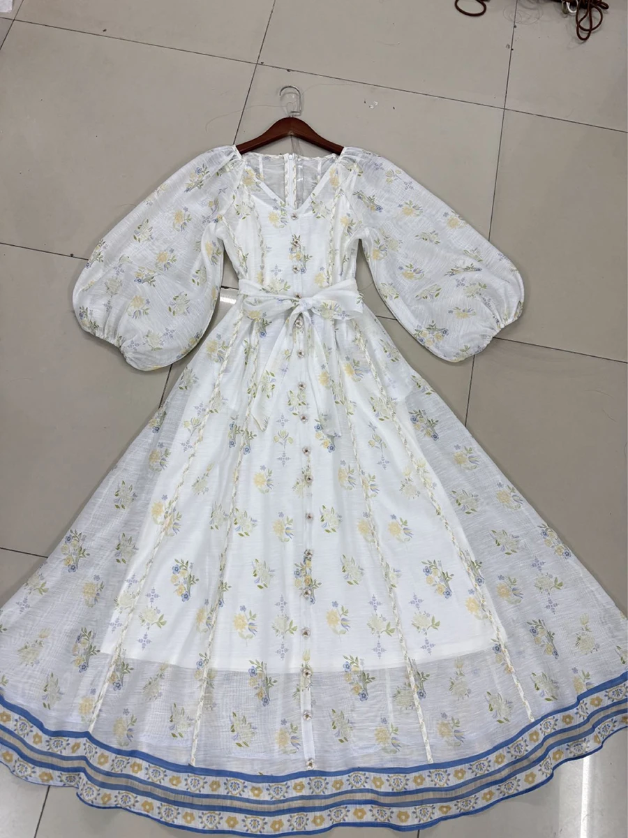 Vintage Sheer Mesh Long Dresses for Women V Neck Three Quater Sleeves High Waist Loose Spliced Lace Up Print Dress Female - Image 6