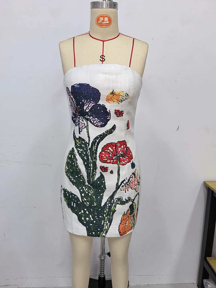 Sequin Print Sweet Party Style Mini Dress for Women Strapless Sleeveless High Waist Backelss Dress Female - Image 5