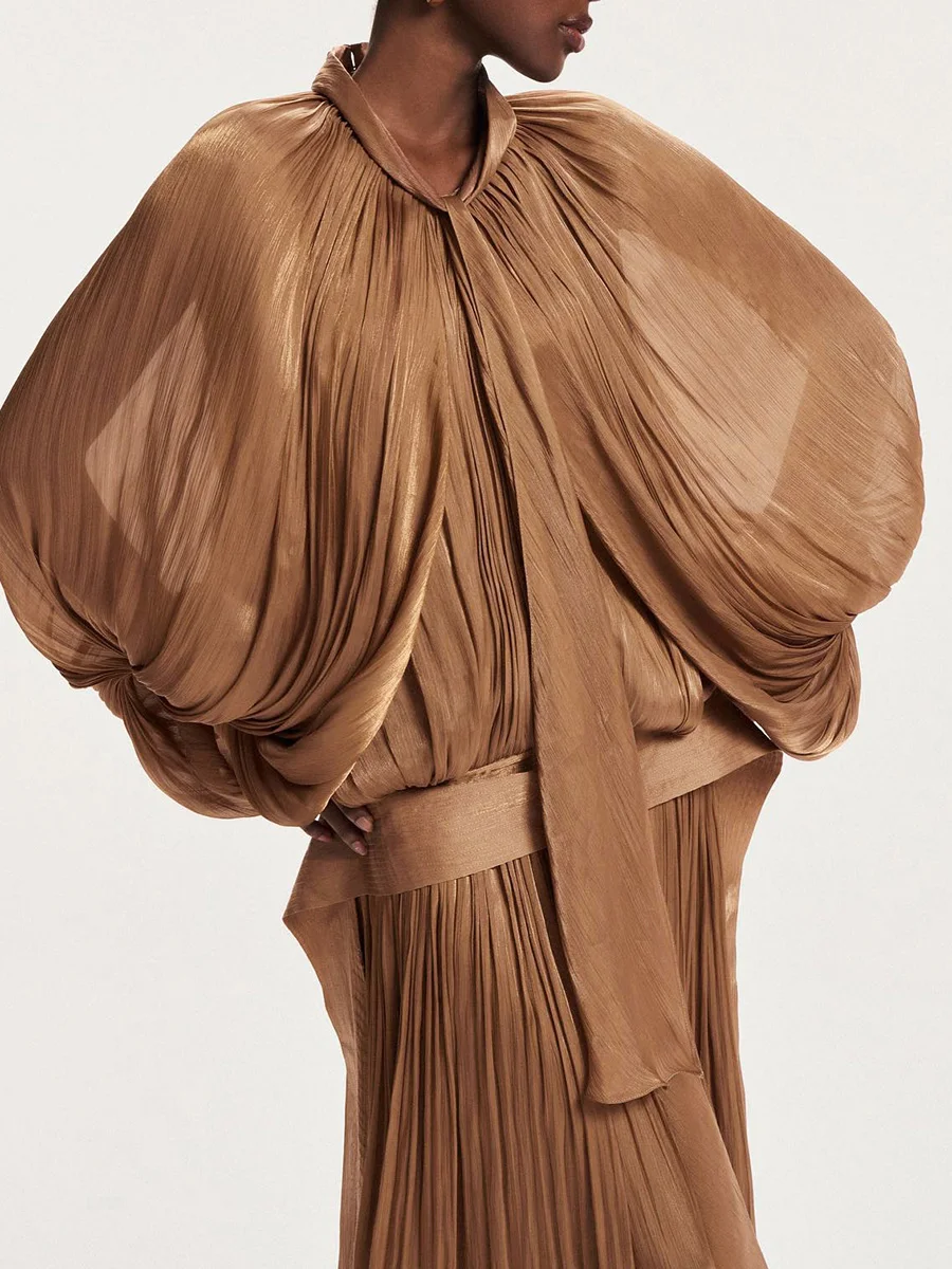 Maxi Dresses for Women Scarf Collar Lantern Sleeve Loose Waist Casual Temperament Dress Female New - Image 14