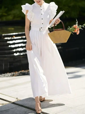 White Elegant Patchwork Sashes Midi Dress for Women Stand Collar Spliced Ruffles High Waist Dresses Female