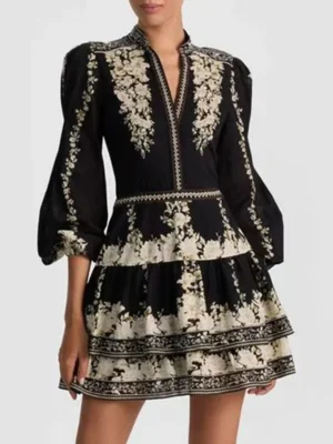 Vintage Indie Folk Style Print Dress for Women V Neck Three Quater Sleeves Patchwork Hollow Out Tiered Dresses Female New