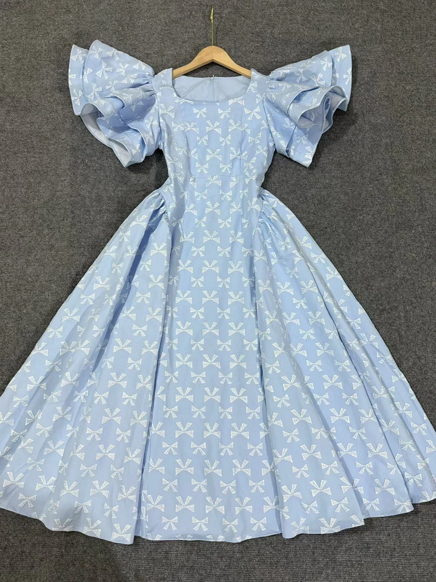 Sweet Tunic Princess Dress for Women Square Collar Puff Sleeve High Waist Bownot Print A Line Mid Dresses Female - Image 8