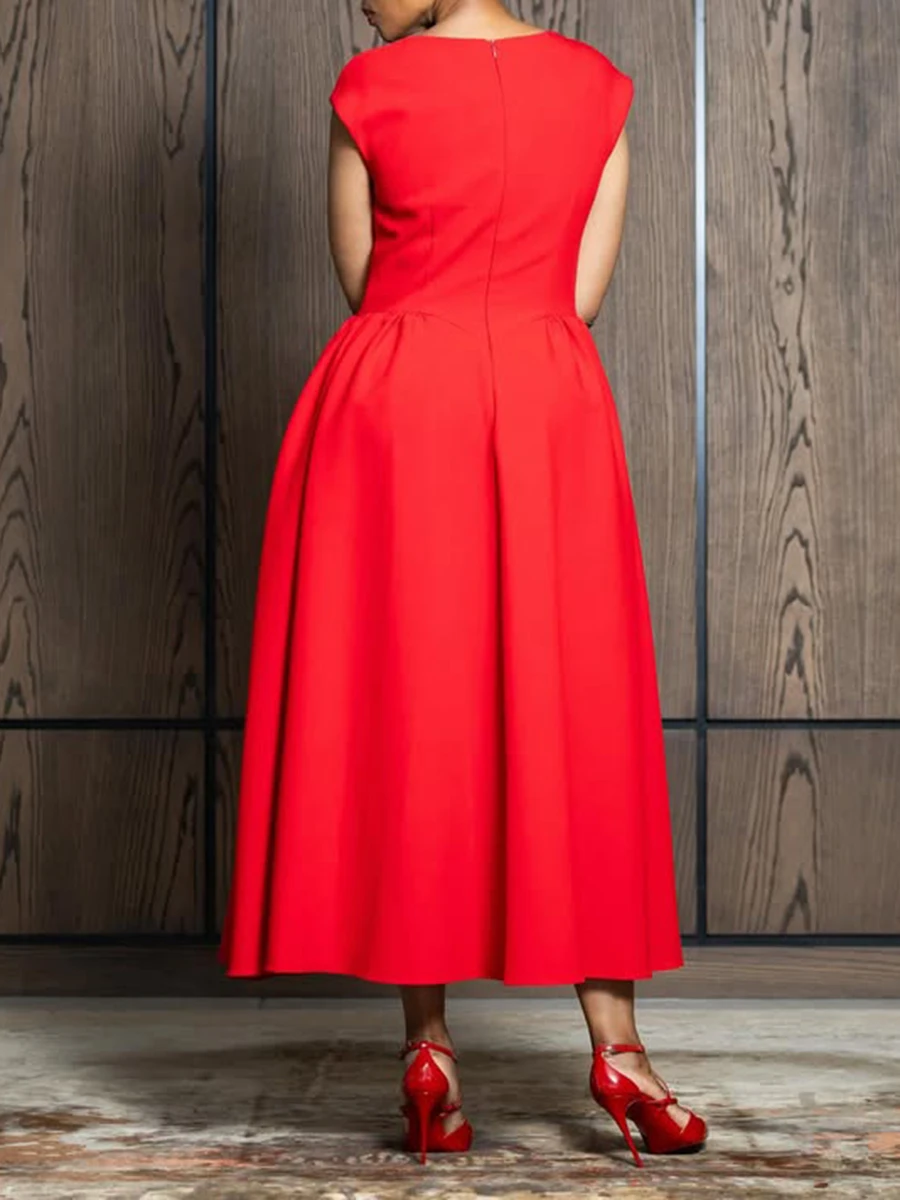 VGH Red Color Elegant Spliced Appliques Dress for Women O Neck Short Sleeve High Waist Slimming Evening Prom Dresses Female New - Image 3