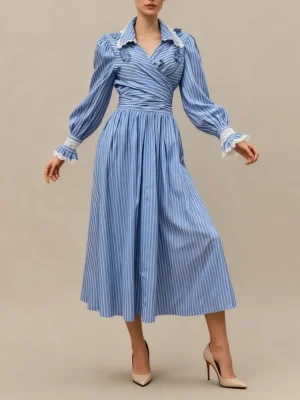 Striped Two Piece Set for Women Laple Lantern Sleeve Patchwork Floral Crisscross Bandage Top Mid Skirt Office Suit Female