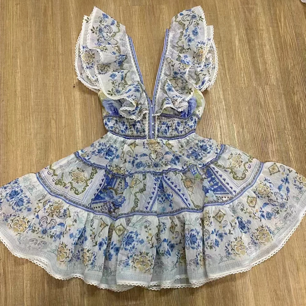 Vintage Floral Printing Short Dresses for Women V Neck Flying Sleeves High Waist Premium Luxury Design Dress Female Fashion - Image 6