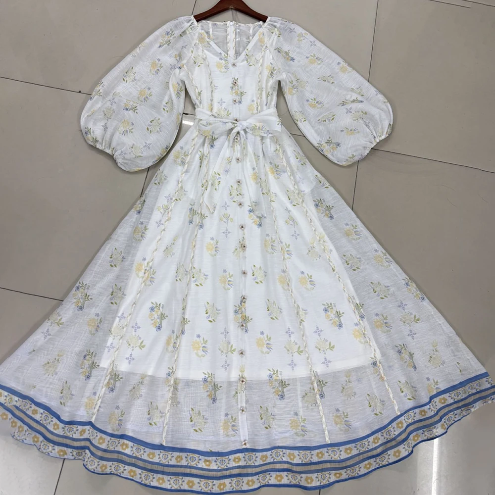 Vintage Sheer Mesh Long Dresses for Women V Neck Three Quater Sleeves High Waist Loose Spliced Lace Up Print Dress Female - Image 7