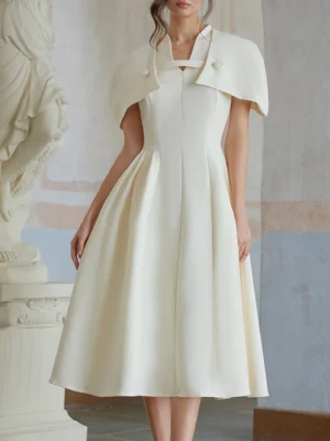 Elegant Chic Dress for Women V Neck Sleeveless Spliced Shawl High Waist Slim Banquet Midi Length Dresses Female