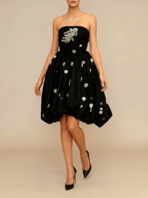 Hotsweet Irregular Hem Knee Length Dress for Women Strapless High Waist Pathwork 3d Decotraion Puff Dresses Female