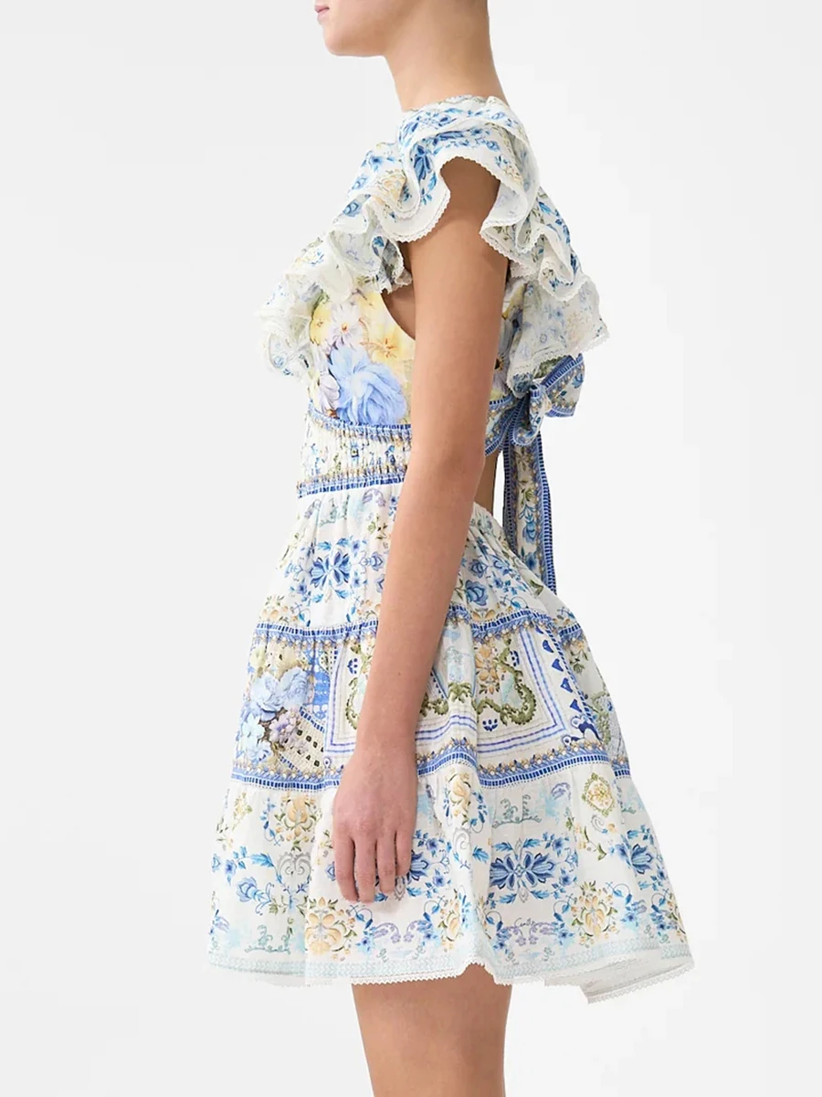 Vintage Floral Printing Short Dresses for Women V Neck Flying Sleeves High Waist Premium Luxury Design Dress Female Fashion - Image 9