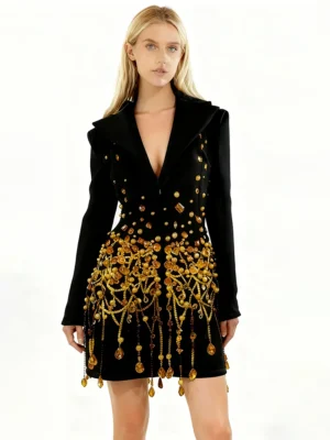 Slimming Spliced Bead Fashion Mini Dresses for Women Lapel Long Sleeves Patchwork Zipper Elegant Dress Female New